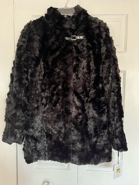 Calvin Klein Black Faux Fur Teddy Jacket with Buckle Neck